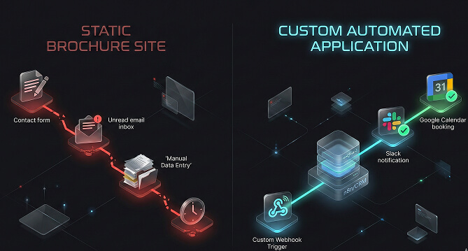 Comparison flowchart showing manual brochure website lead flow versus an automated custom architecture
