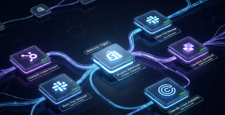 n8n node graph demonstrating lead capture automation with webhooks, CRM routing, and Slack integration